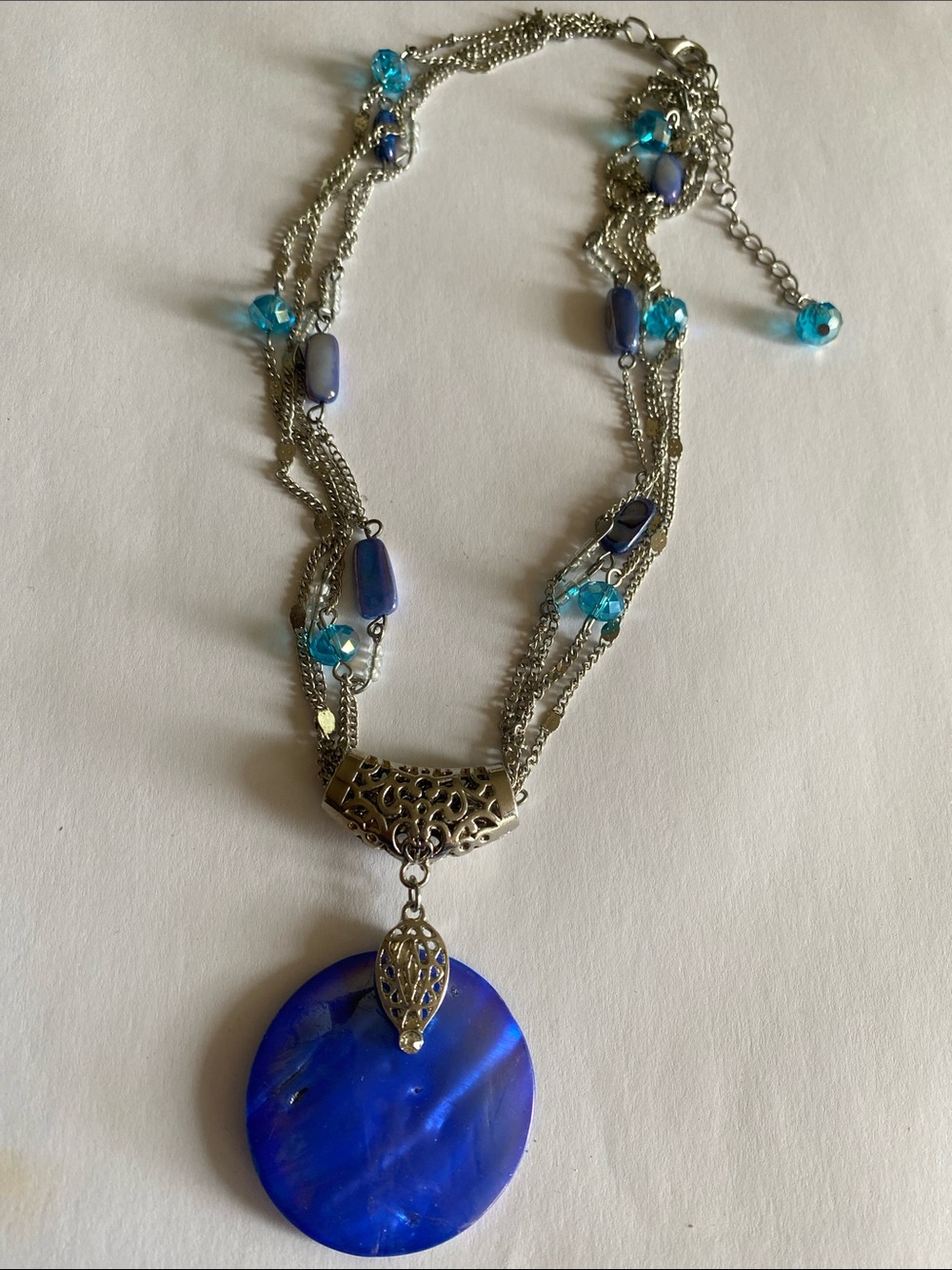 Shell Silver-Tone Multi Chain Necklace with Blue shell 🐚 Disc Pendant